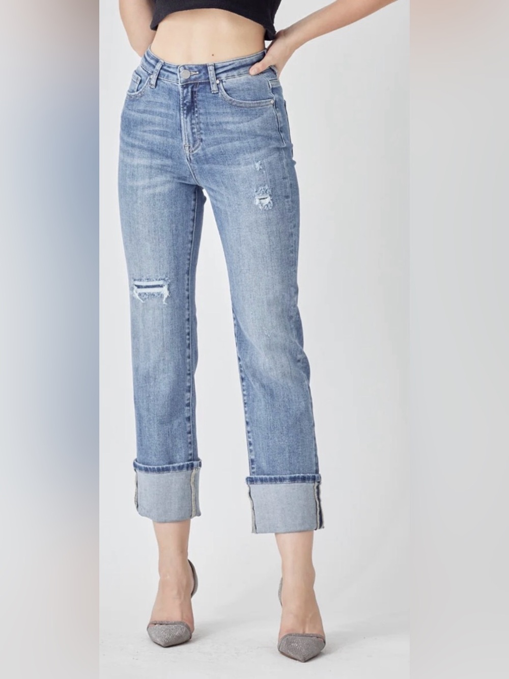 Risen Jeans High-Rise Wide Straight Cuffed Jeans Size 27 EUC